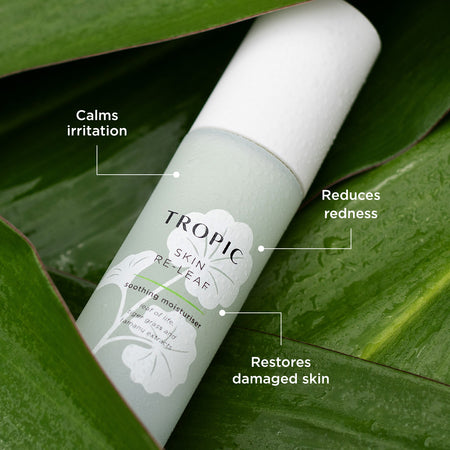 The image highlights Skin Re-Leaf, a soothing moisturiser. Key benefits include:
Calms irritation: Provides relief for sensitive or reactive skin.
Reduces redness: Helps to even out skin tone by minimising redness.
Restores damaged skin: Supports skin recovery and strengthens its barrier.
Set against a natural, leafy background, the image emphasises the product's gentle and restorative properties, aligning with its soothing and plant-based formulation.